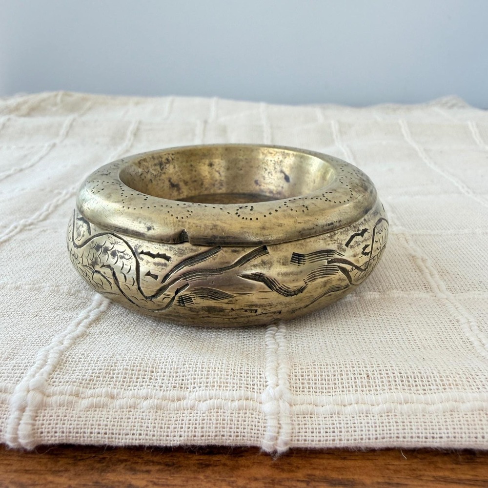 Vintage Chinese Brass Nesting Bowls Set 5 Piece Etched Dragon Stacking Trinket